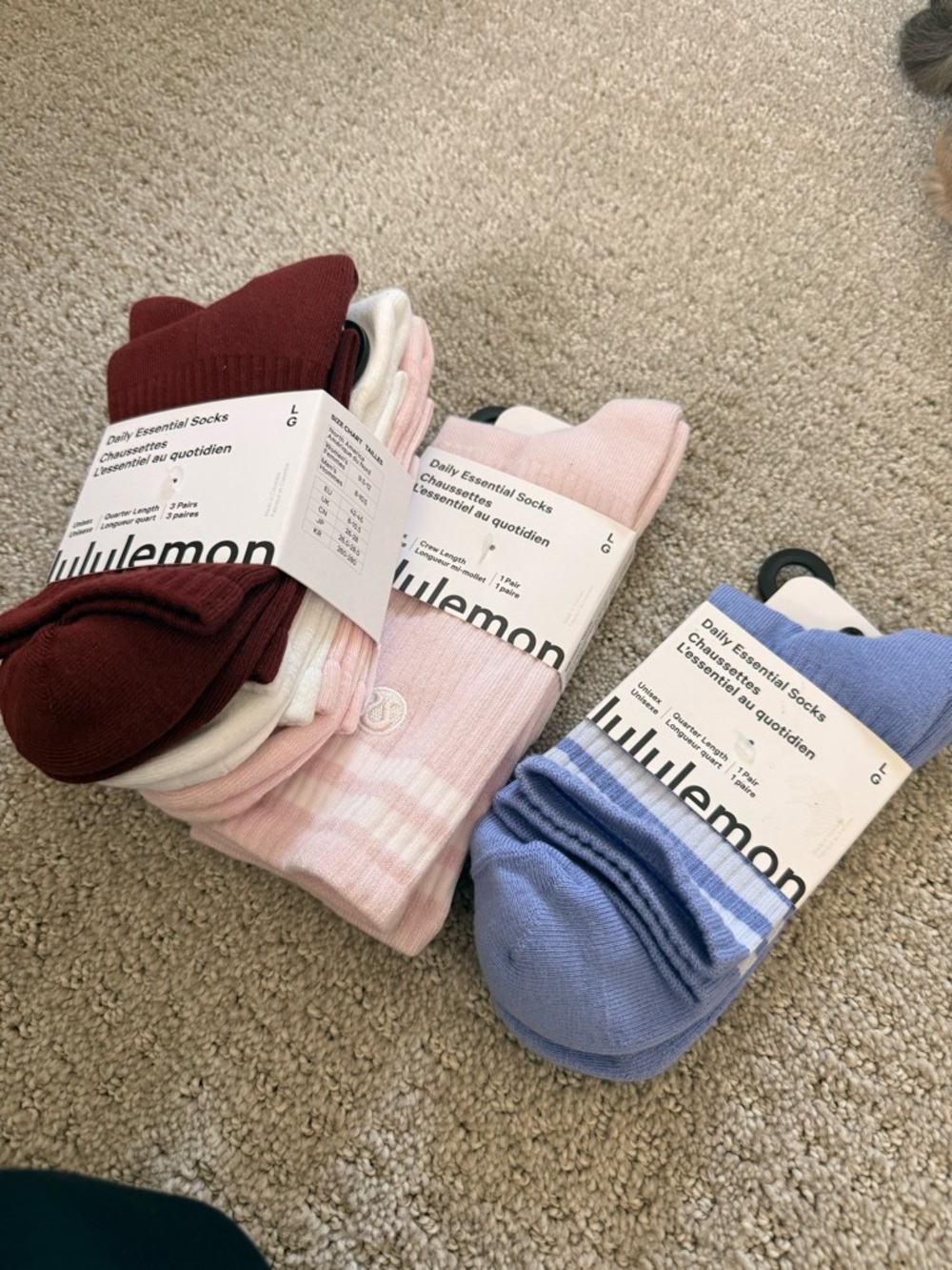 lululemon athletica Women’s 3-Pack Daily Essential Socks - Burgundy, Pink & Blue
